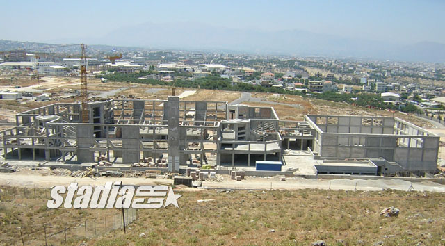 View from the east: the main arena on the left and the training hall on the right (July 2004)