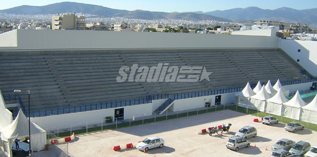 The stand of the new football ground next to the indoor hall (May 2004)