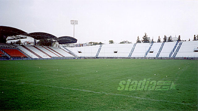 The east curved stand and the north stand on the left